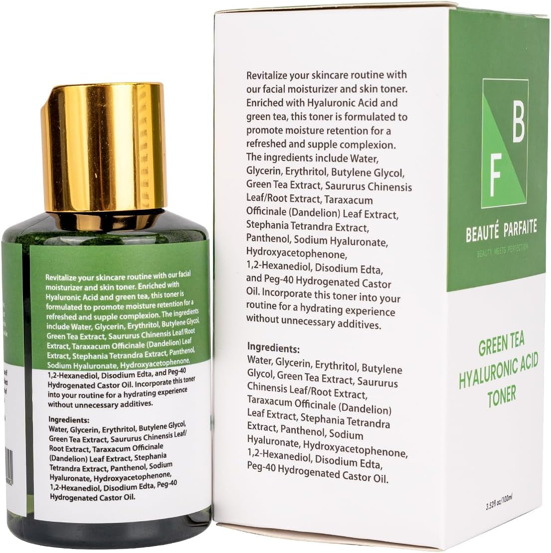 Face Wash Skin Care Toner with Green Tea Extract, Hyaluronic Acid, Dandelion Leaf, Erythritol & Panthenol, 100Ml Hydrating Face Toner for All Skin Types, Beauté Parfaite